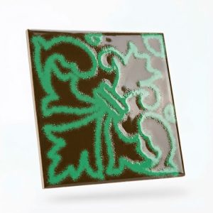 Azulejo decorativo Manises. Lael Azulejos Decorativos. Color verde sobre fondo marron con relieve.